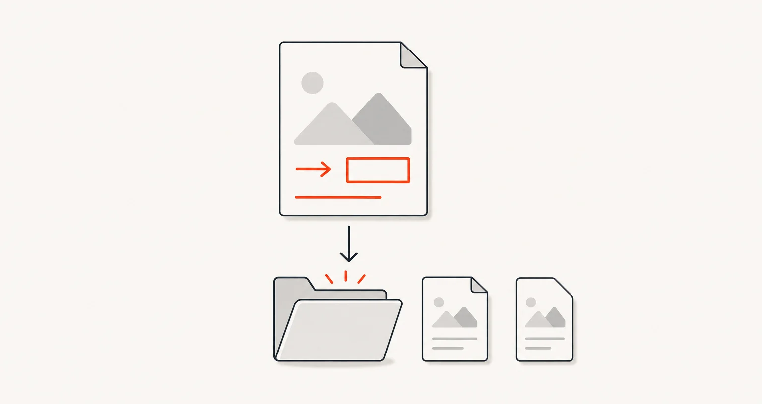 An annotated image file with an arrow down into a folder beside two file-format document shapes.