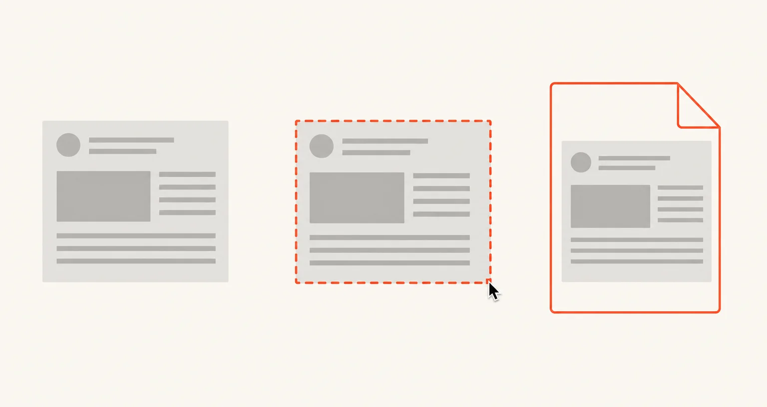 A single content block with a tight dashed selection around it, morphing directly into an image file outline in place, no arrow needed.