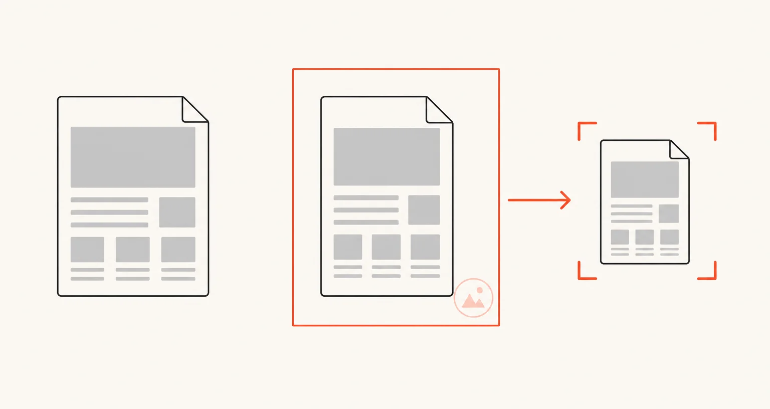 An image file gaining a frame, padding and a watermark, then resized, with crop brackets around it.