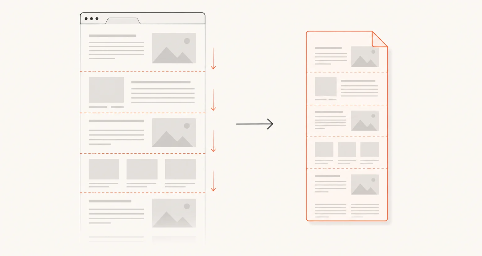 A very long wireframe web page divided into horizontal bands scanned top to bottom and assembled into one tall image file.