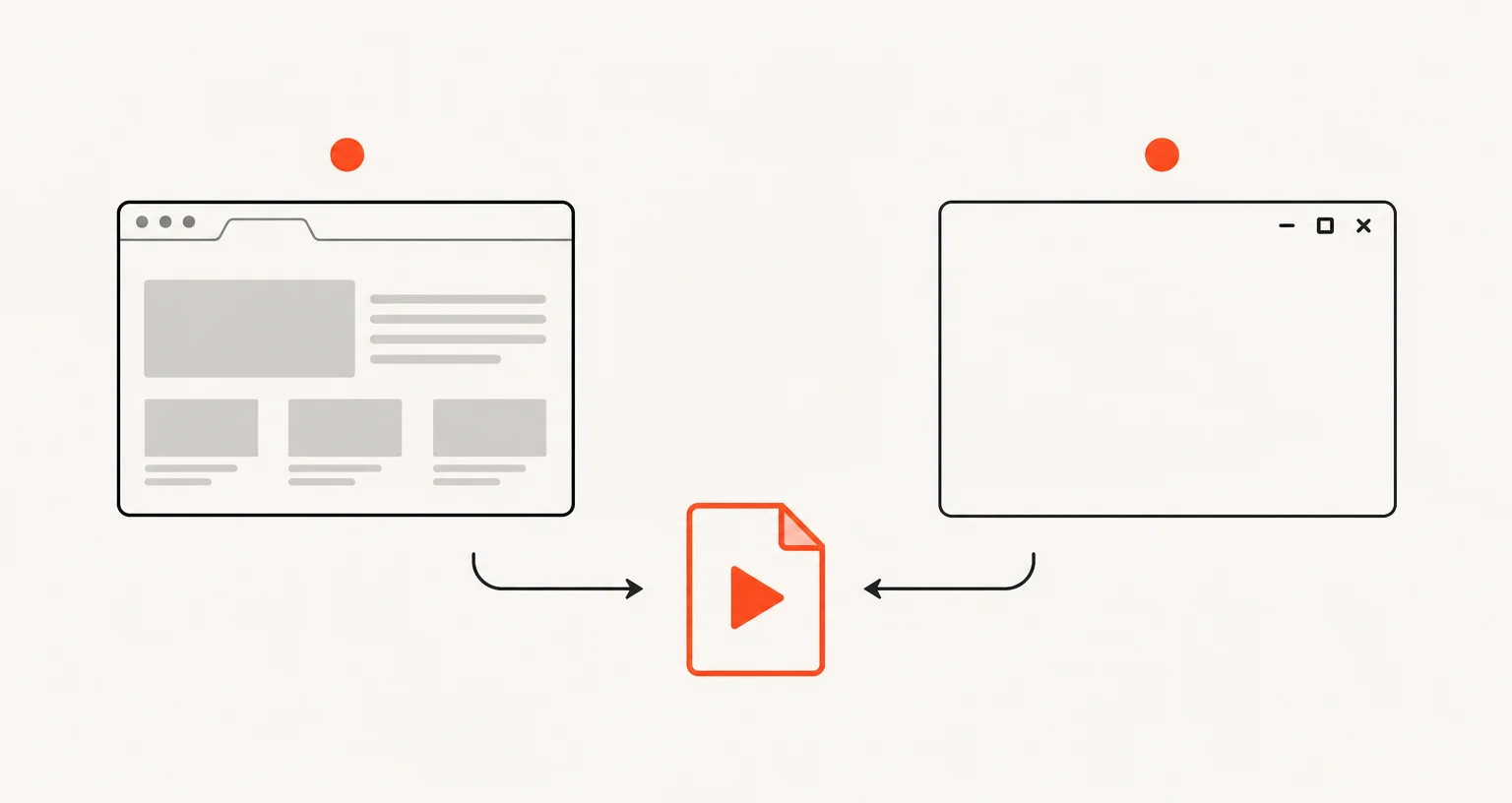 A browser tab and a separate window, each with a recording dot, both leading to one video file.