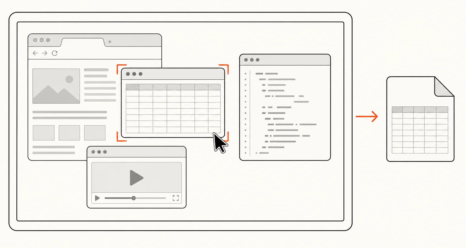 A computer screen with varied windows (browser tab, code, media player), the spreadsheet window bracketed and captured into an image file showing its own small grid.